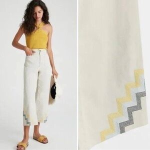 Maeve Cream Cropped Wide-Leg Jeans with Yellow & Gray Zigzag Hem